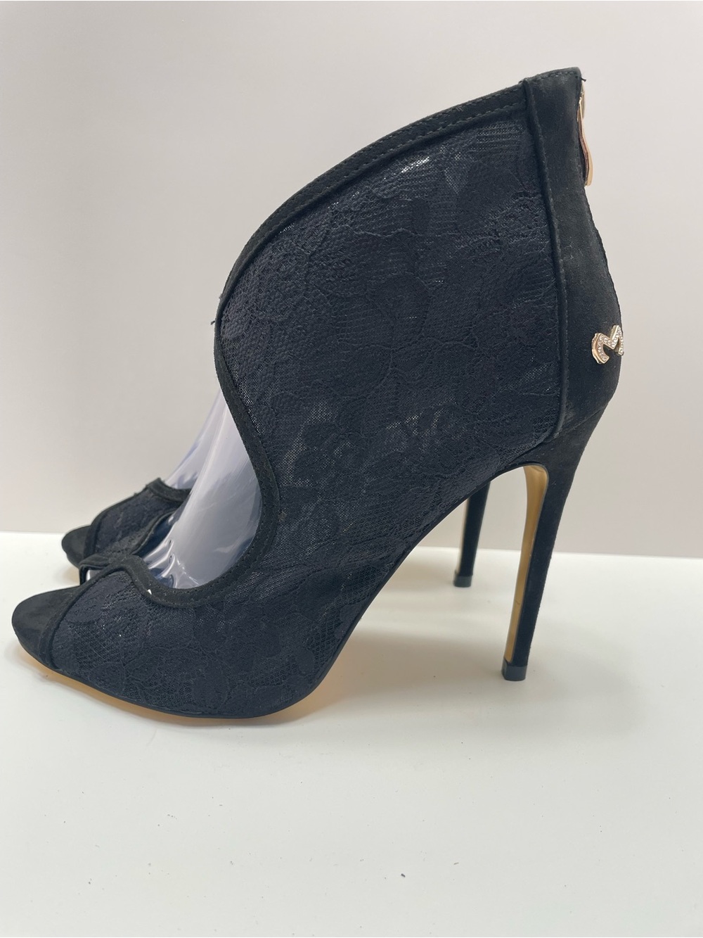 Milano Black Lace Peep-Toe Stiletto Heels with Gold Accent